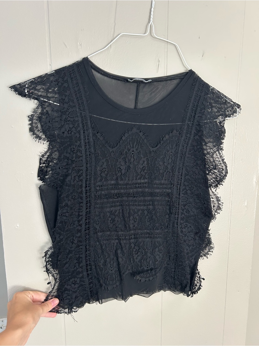 Zara Black Lace Flutter Sleeve Blouse - Picture 1 of 1